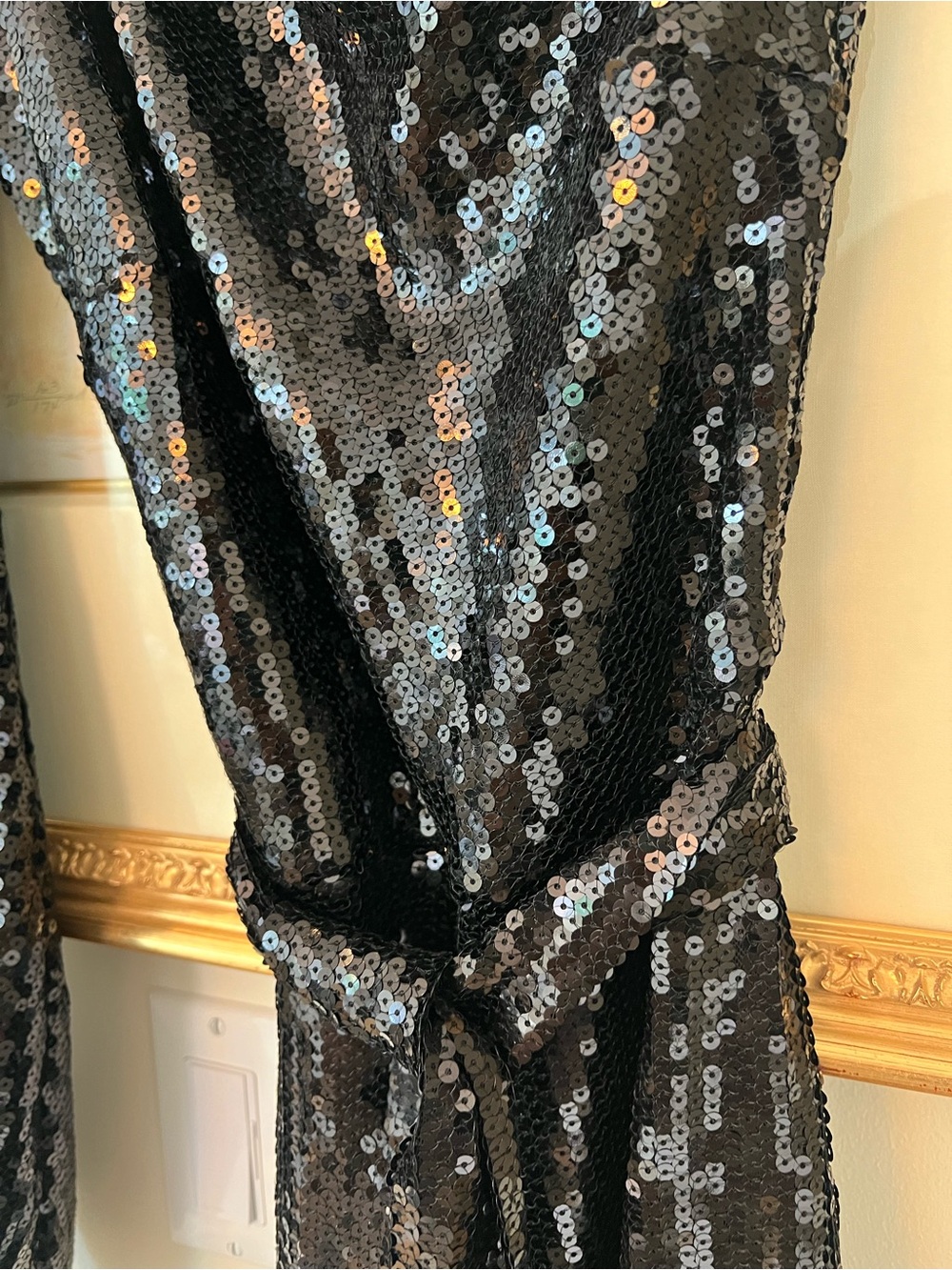 NADINE MERABI Black One-Shoulder Sequin Jumpsuit with Draped Tie - Picture 9 of 9
